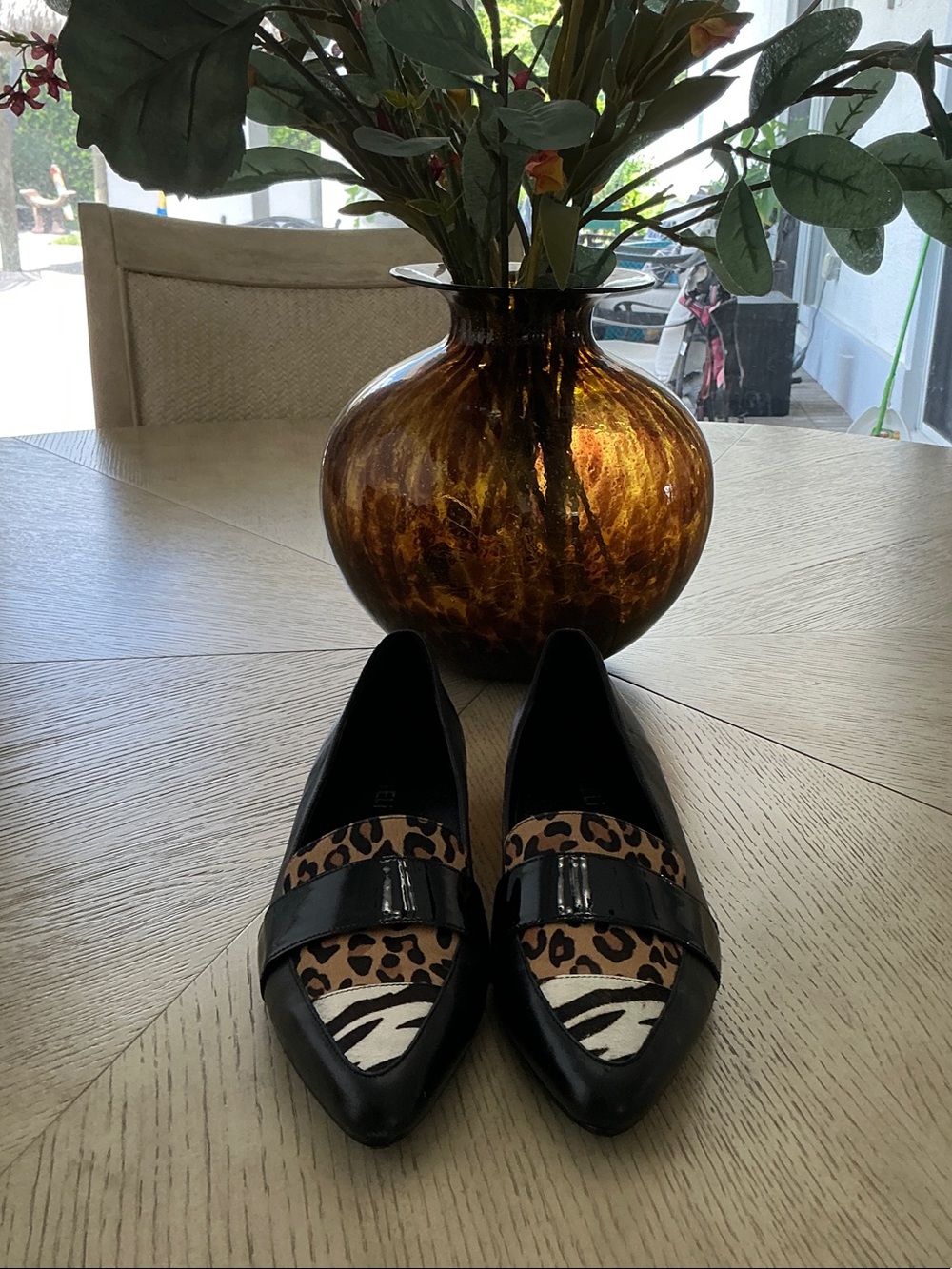 Women’s Black Pointed Toe Flats with Leopard Fur Accent